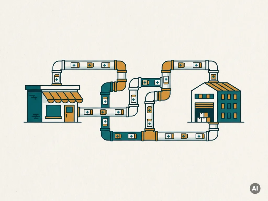 Illustratie van een pijpensysteem dat een webshop verbindt met een magazijn, met farmaceutische dozen in teal, amber en wit.