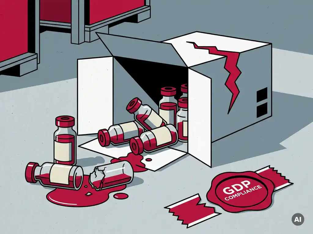 Beschadigde farmaceutische verzenddoos met gemorste temperatuurgevoelige medicijnflacons op een magazijnvloer, met een gebroken GDP-zegel.