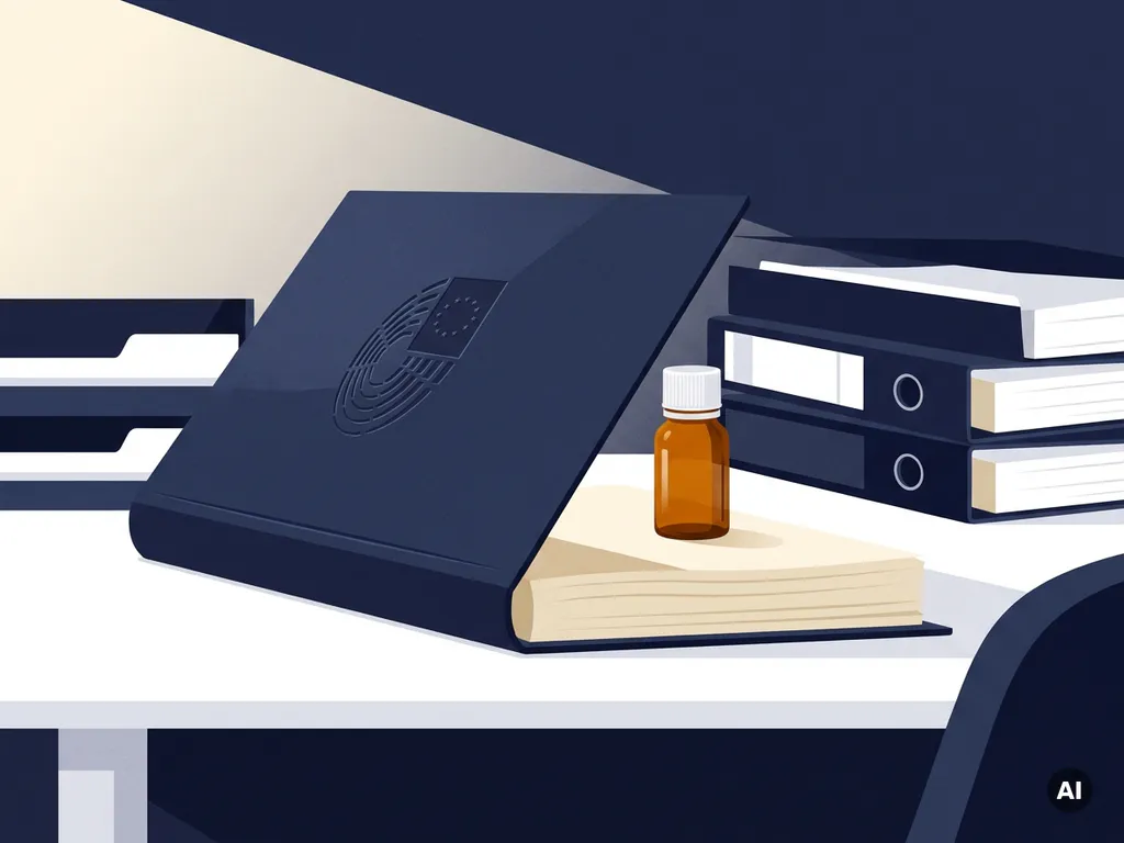 Open regelgevende EU-binder op wit bureau met een amberkleurig farmaceutisch flesje op de pagina's, omgeven door geordende mappen.