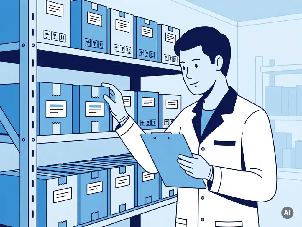 Farmaceutisch inspecteur in witte jas controleert verzegelde medicijndozen op klinische opslagplank met klembord.