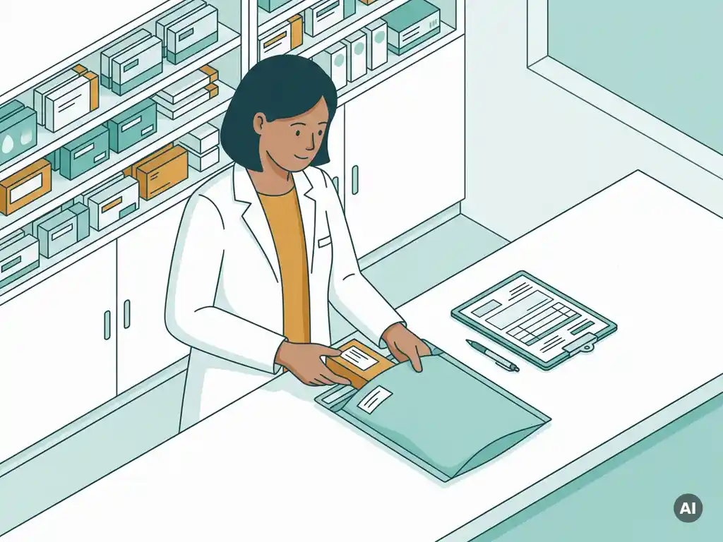Fulfillment medewerker in witte jas plaatst gelabelde farmaceutische doos in gewatteerde verzendenvelop, omringd door geordende medicijndozen.