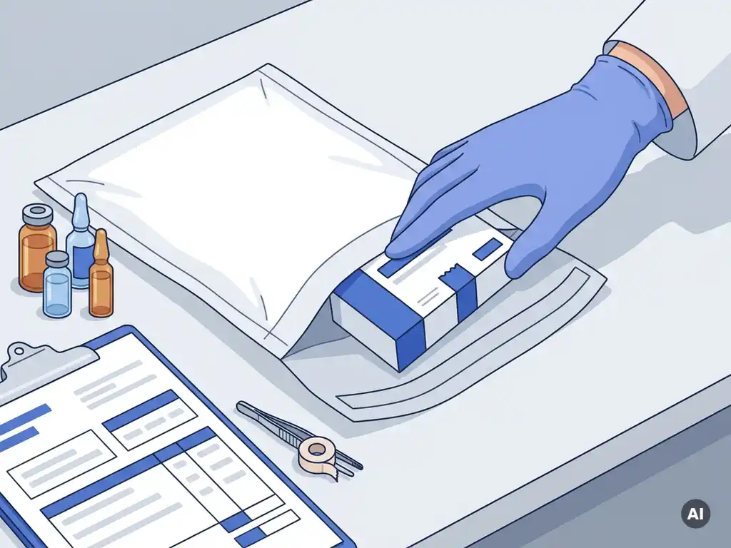 Farmaceutische monsterbox die in witte verzendenvelop wordt geplaatst, met medicijnflesjes en bestelformulieren op grijs oppervlak.