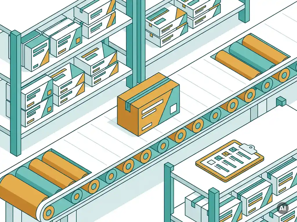 Farmaceutische doos op magazijntransportband, omgeven door GDP-conforme stellingen met witte medicijndozen en een controlelijst op klembord.