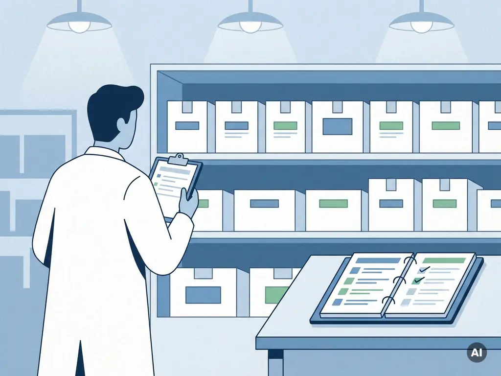 Inspector in witte jas controleert gelabelde farmaceutische dozen op magazijnplank met compliance-checklist op nabijgelegen oppervlak.