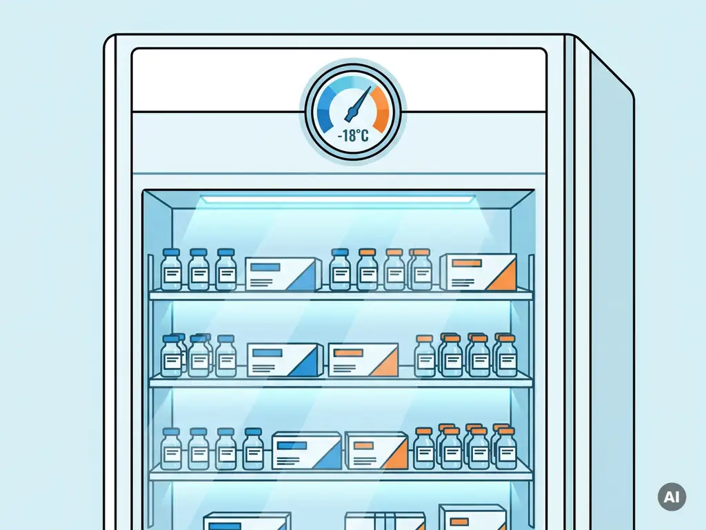 Farmaceutische koelkast met glazen deur, gevuld met georganiseerde medicijnflacons en monsterboxen op verlichte planken met zichtbare temperatuurmeter.