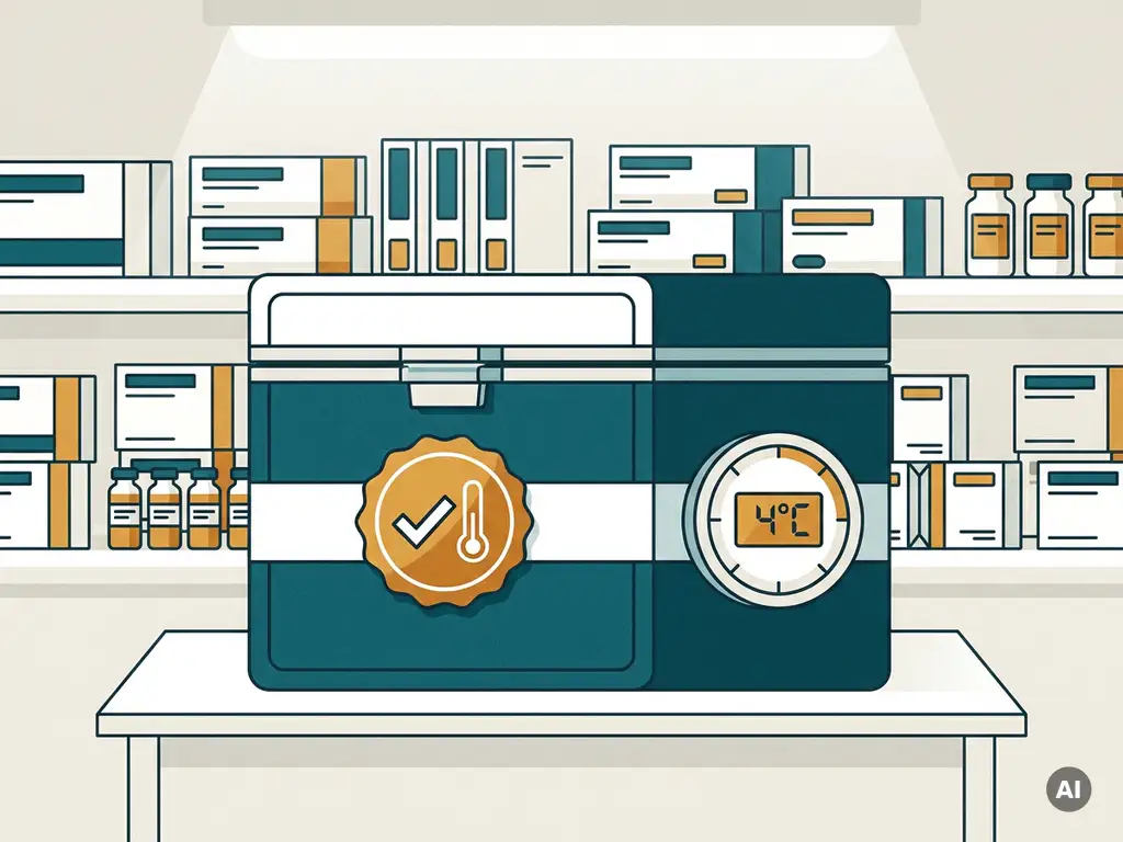 Verzegelde farmaceutische koelketen doos met certificeringsbadge op magazijnplank, temperatuurmeter en geneesmiddelenpakketten op achtergrond.