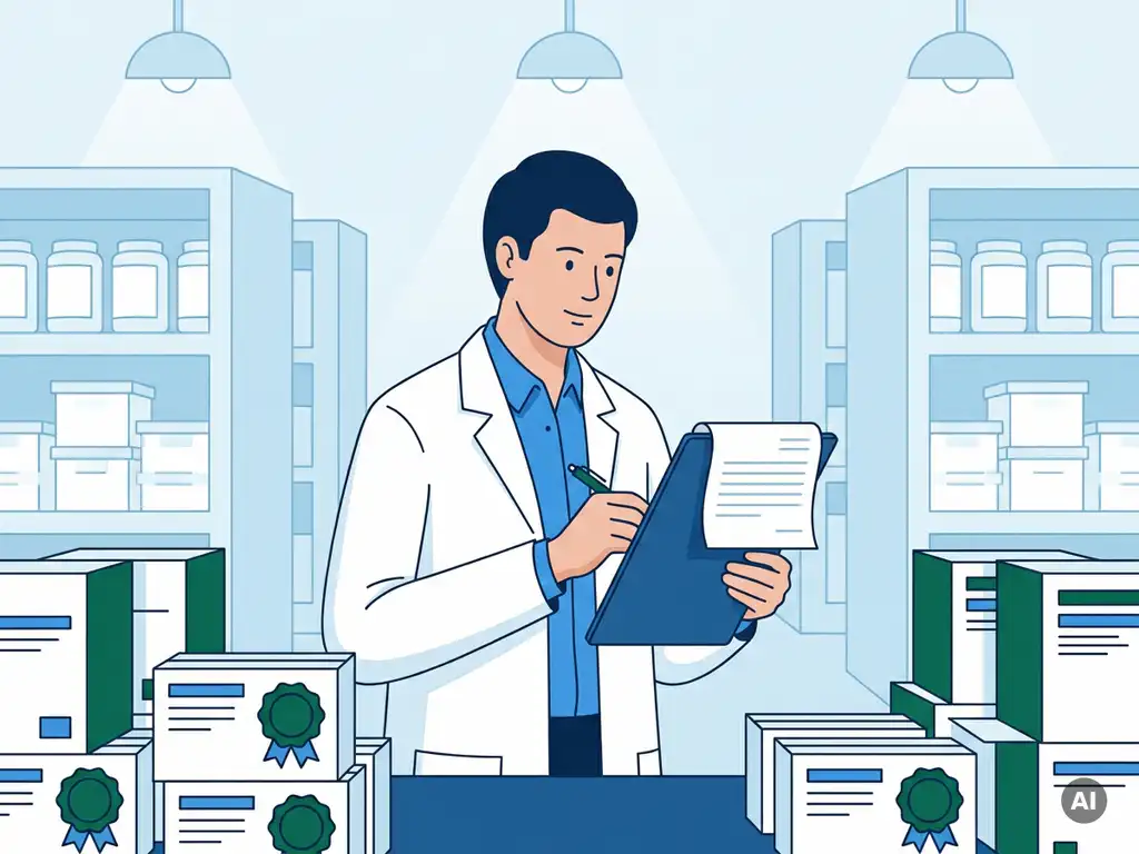 Farmaceutisch kwaliteitsinspecteur in witte labjas controleert leveranciersdossier op klembord, omringd door gecertificeerde medicijndozen in magazijn.