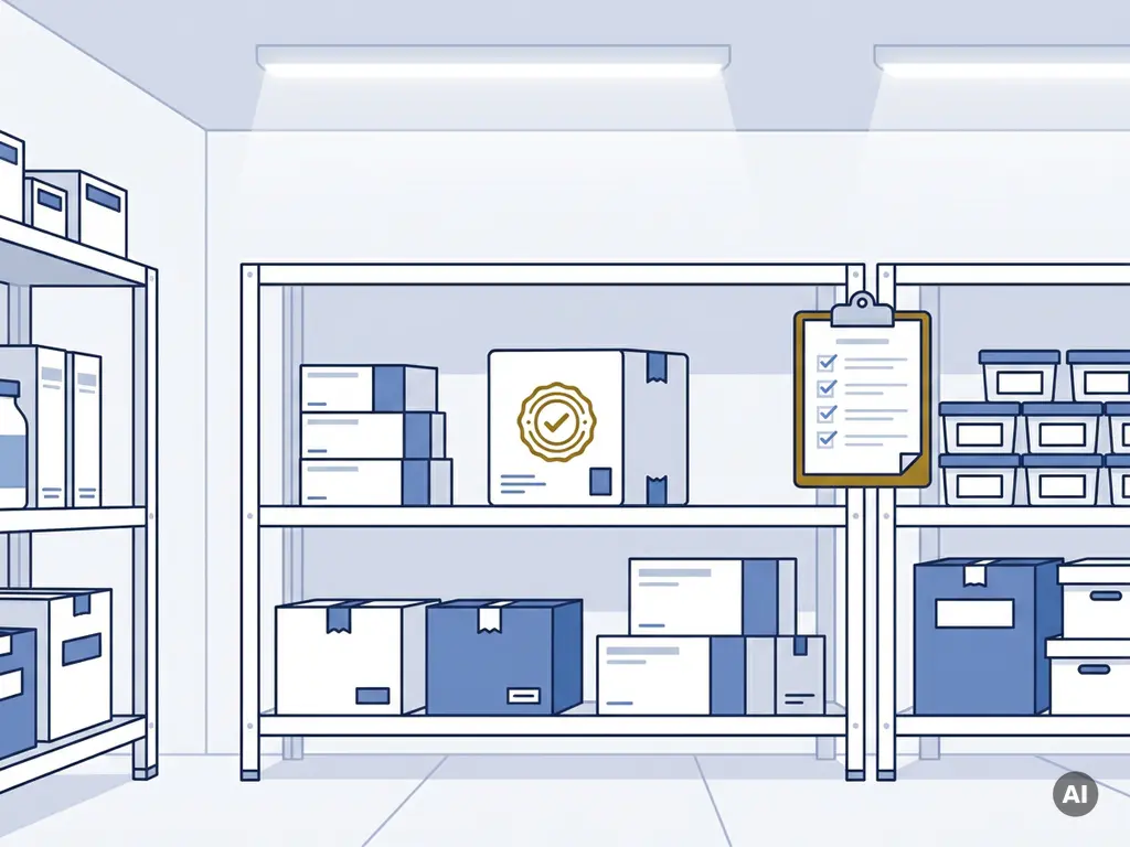 Verzegelde farmaceutische verpakking met kwaliteitsstempel in steriele opslagfaciliteit met medische dozen en compliance-checklist.