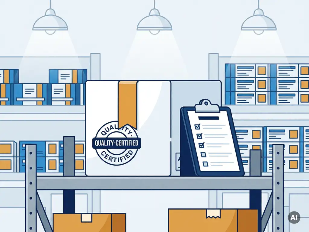 Verzegelde farmaceutische verzenddoos met kwaliteitsstempel op magazijnplank, omringd door georganiseerde medicijnverpakkingen en klembord met checklist.