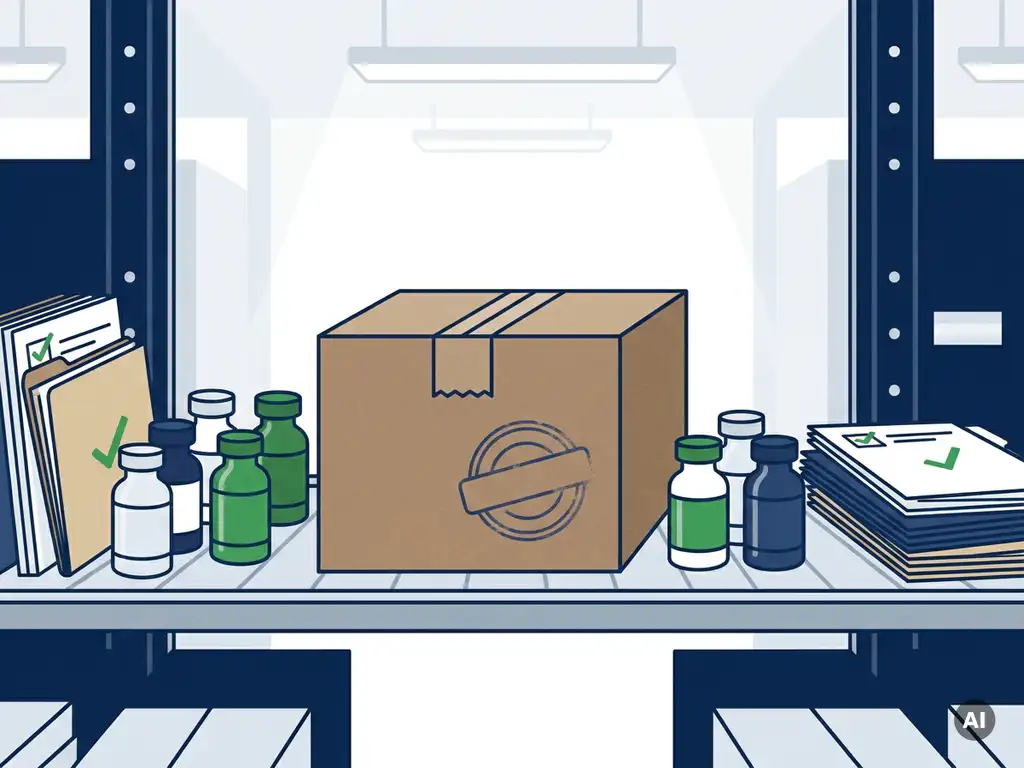Verzegelde farmaceutische verzenddoos op magazijnplank, omringd door medicijnflacons en compliance-mappen met Nederlands regelgevingskeurmerk.