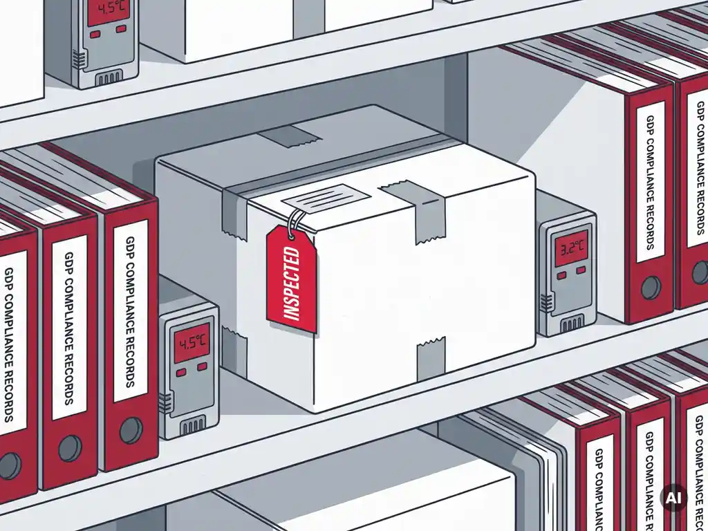 Verzegelde farmaceutische doos met rode inspectiesticker op magazijnplank, omgeven door GDP-mappen en temperatuurloggers.