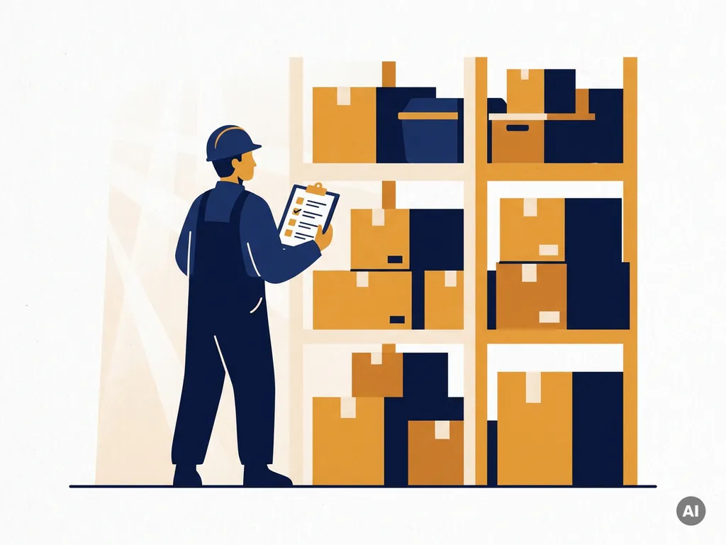 Magazijnmedewerker in farmaceutische opslag controleert compliance-checklist naast georganiseerde medicijnrekken, vectorillustratie.