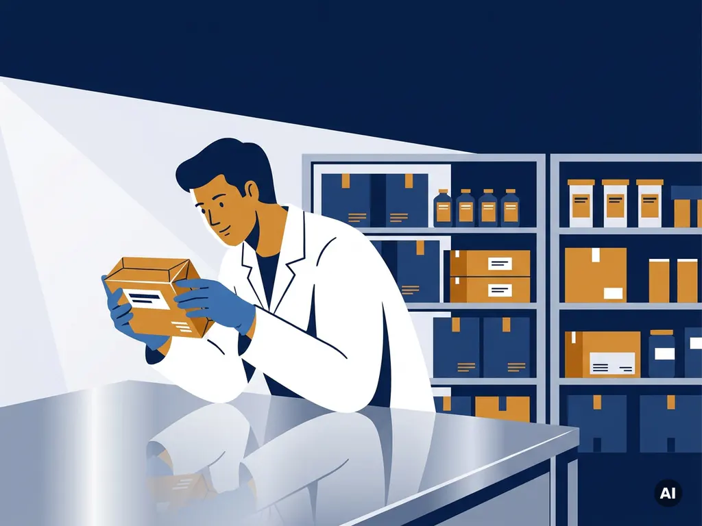 Farmaceutisch magazijnmedewerker in witte labjas inspecteert medicijndoos op roestvrijstalen tafel, georganiseerde opslag op de achtergrond.