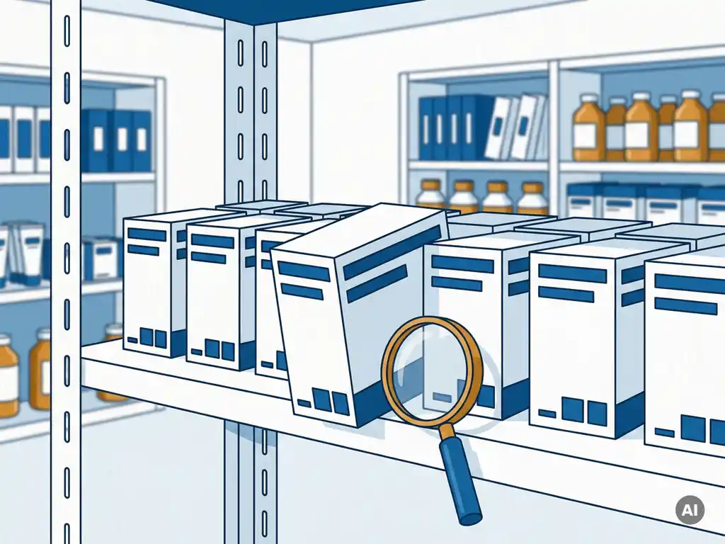 Vergrootglas leunend tegen witte farmaceutische verpakkingsdozen op magazijnplank, georganiseerde medische voorraden op de achtergrond.