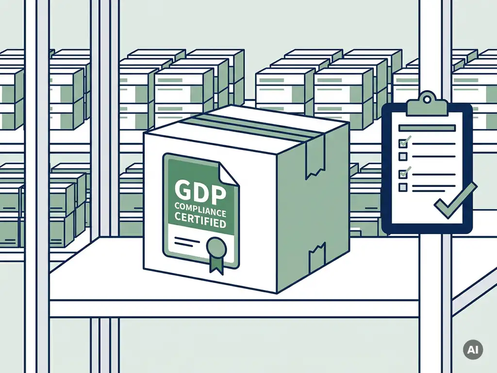 Verzegelde farmaceutische verzenddoos met GDP-certificaat op magazijnplank, witte medicijndozen en inspectieklembord op achtergrond.