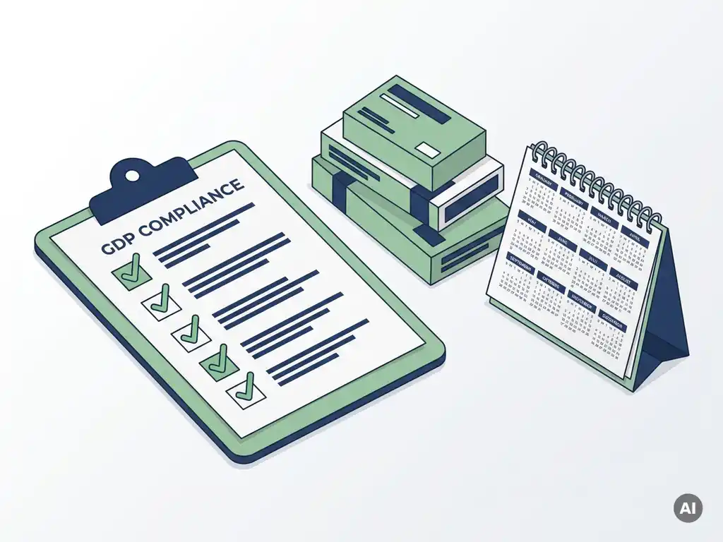 GDP-compliance checklist op klembord naast gestapelde farmaceutische dozen en jaarkalender op wit oppervlak.