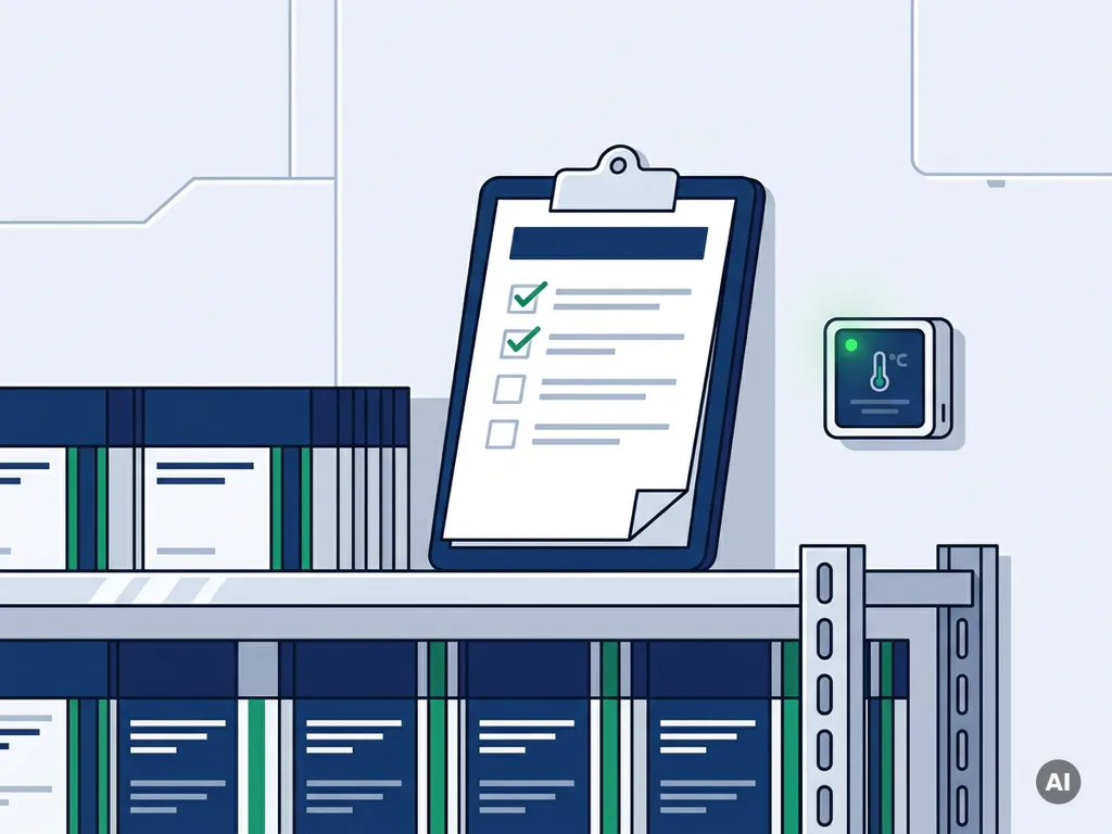 GDP-compliancechecklist op klembord naast temperatuurgecontroleerde farmaceutische opslag met medicijndozen en digitale sensor.