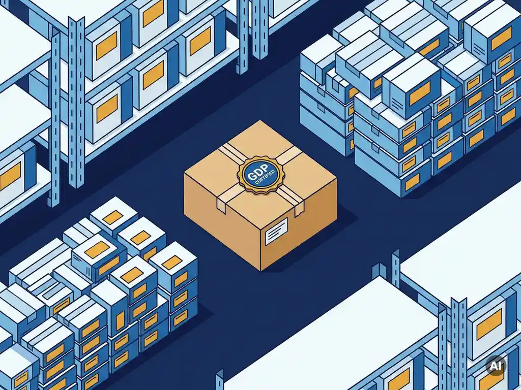 Verzegelde farmaceutische verzendingsdoos met GDP-certificering op magazijnplank, omringd door geordende geneesmiddelenverpakkingen.