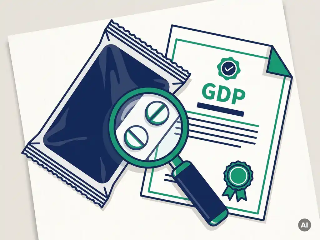 Farmaceutische blisterverpakking naast een GDP-compliance document, vergroot met een loep op wit oppervlak.