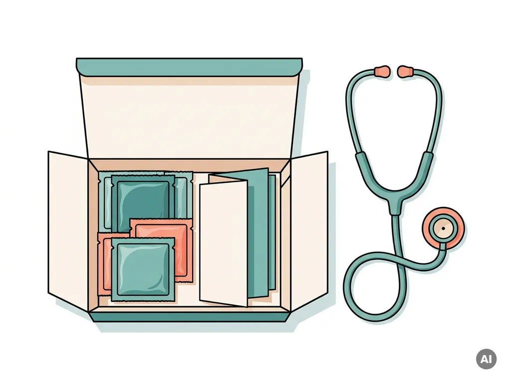 Open farmaceutische verzenddoos met gepersonaliseerde medicijnzakjes, bijsluiters en een stethoscoop, vlakke vectorillustratie in tealkleuren.
