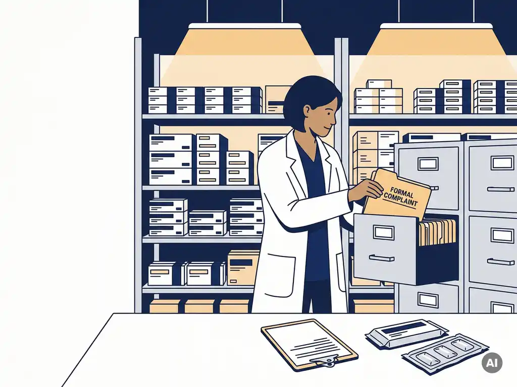 Farmaceutisch kwaliteitsmanager archiveert klachtendocument in GDP-compliant magazijn met gelabelde geneesmiddelendozen op achtergrondrekken.