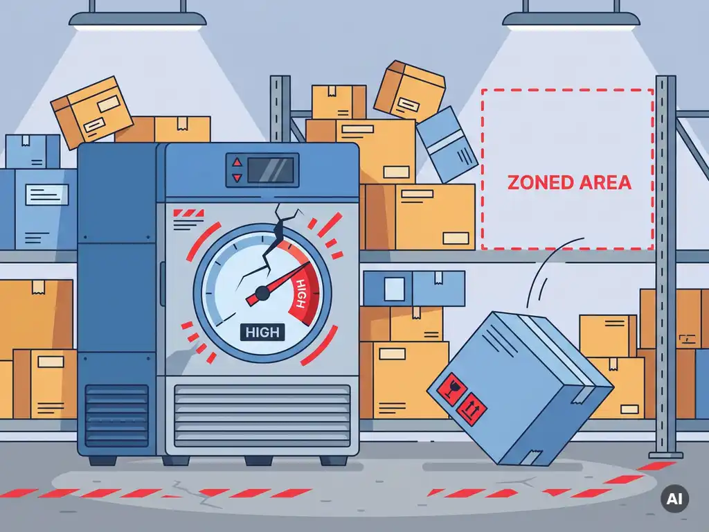 Beschadigde koelopslagunit met gebarsten temperatuurmeter naast onjuist gestapelde farmaceutische dozen in een magazijn.