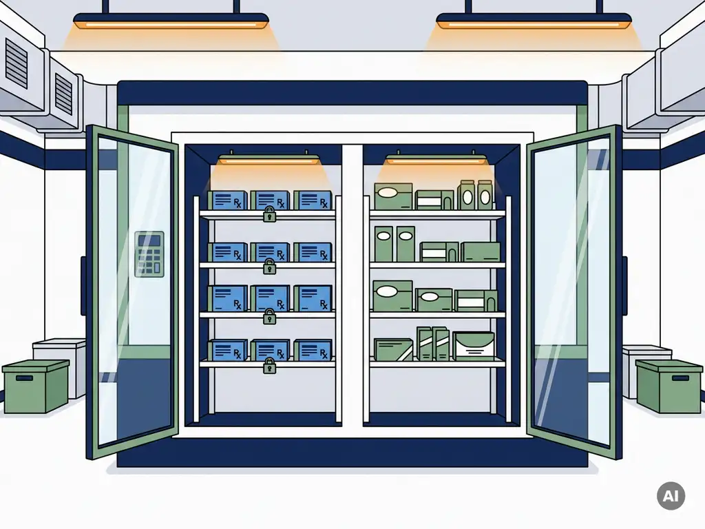 GDP-gecertificeerde koelopslagkluis in farmaceutisch magazijn met aparte zones voor receptgeneesmiddelen en vrij verkrijgbare producten.
