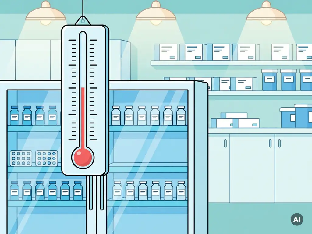 Farmaceutische koelkast met glazen deuren vol gelabelde medicijnflacons en blisterverpakkingen, gekalibreerde thermometer op de voorgrond.