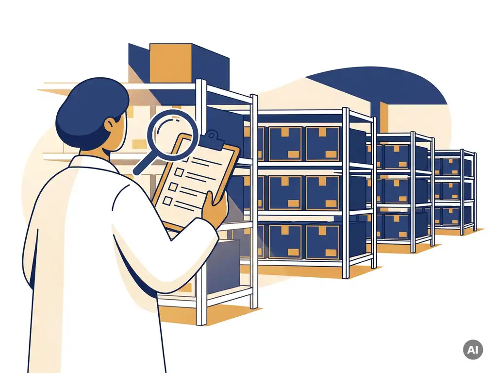 Kwaliteitsinspecteur in witte jas controleert checklist op klembord in farmaceutisch magazijn met gelabelde medicijndozen.