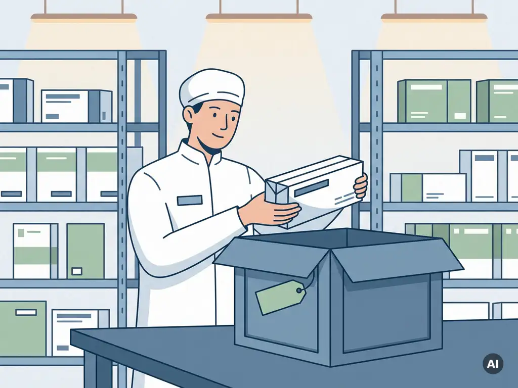 Magazijnmedewerker in witte jas plaatst verzegelde medicijnverpakking in retourkrat in georganiseerd farmaceutisch magazijn.
