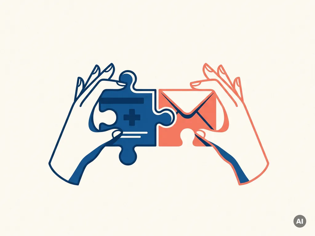Handen die twee puzzelstukjes samenbrengen in de vorm van een medicijndoos en envelop, symbool voor zorg en communicatie.