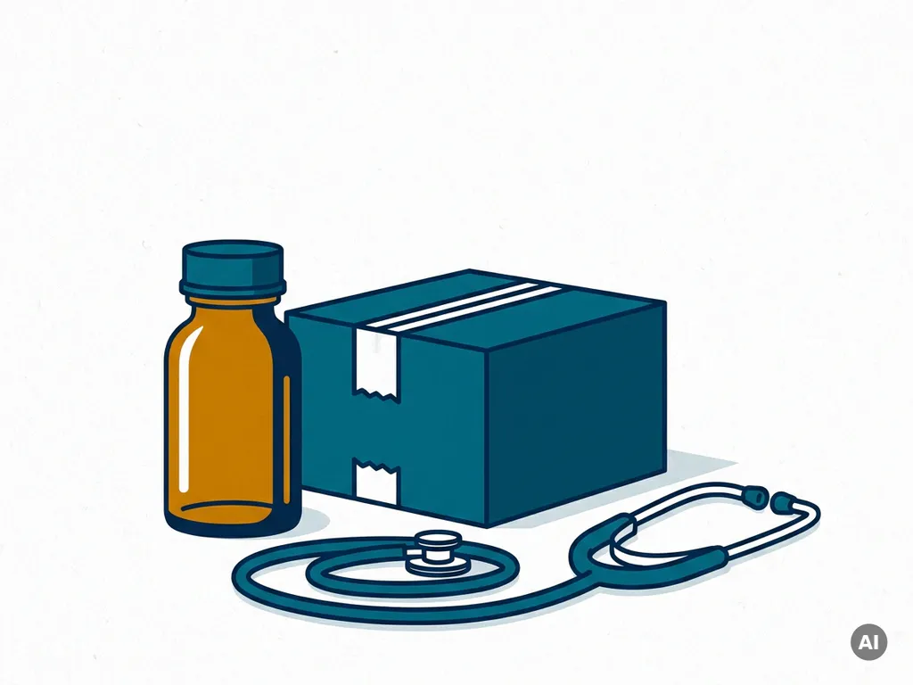 Amber medicijnfles naast een verzendkartonnen doos met een opgerolde stethoscoop op witte achtergrond.
