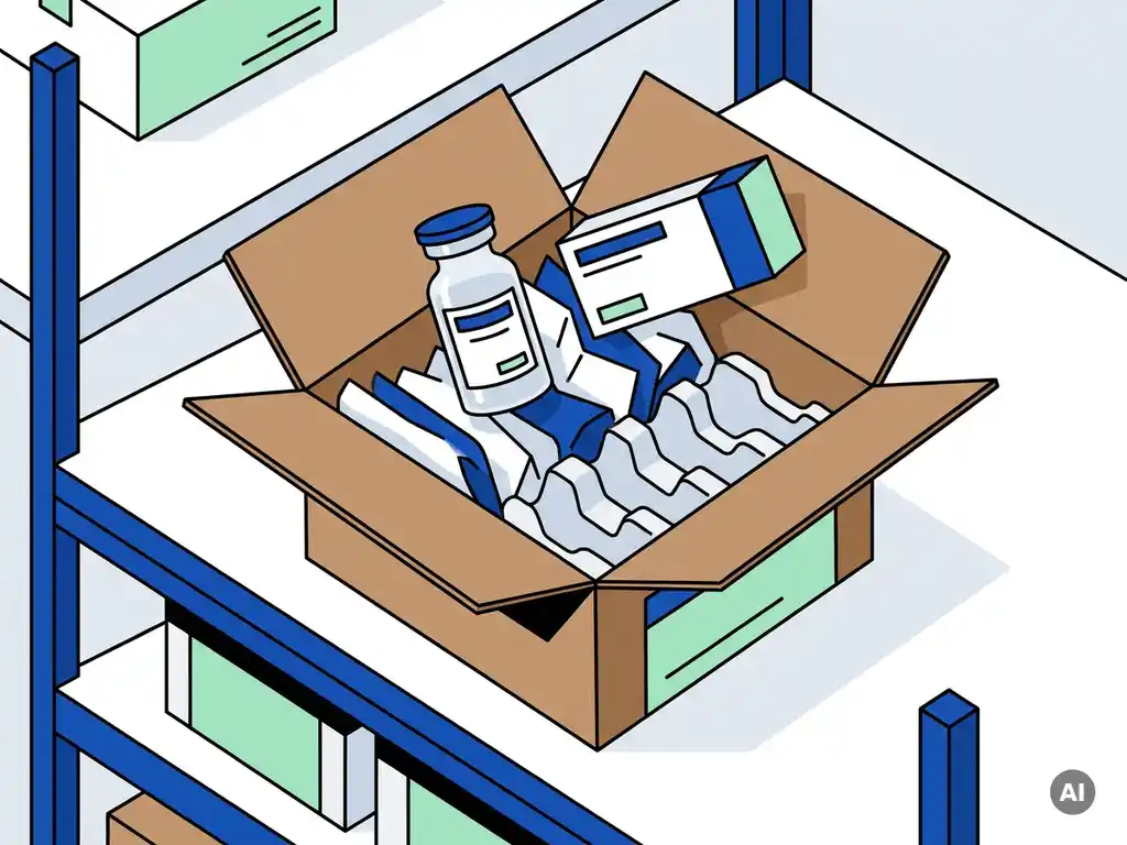 Farmaceutisch injectieflacon en medicijndoos in open verzendkarton, omgeven door verpakkingsmateriaal op een magazijnplank.