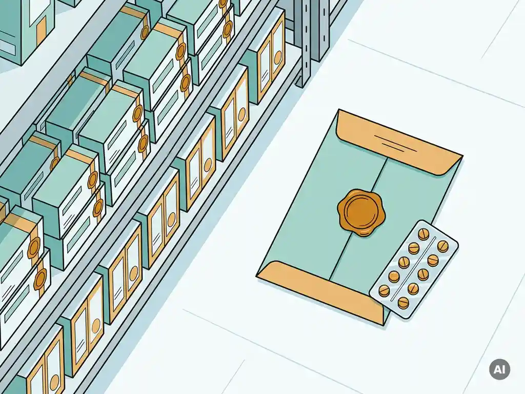 Farmaceutische opbergplank met medicijndozen naast een verzegelde verzendenvelop met blisterverpakking op een magazijnoppervlak.