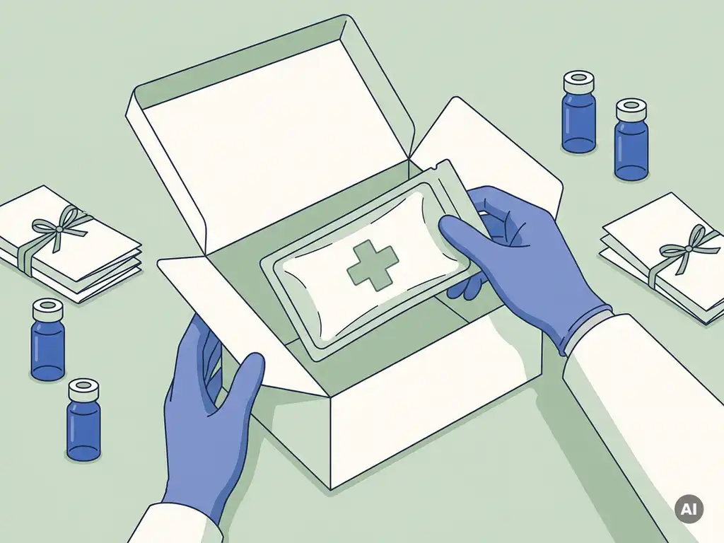 Verzegeld medisch pakket in witte verzenddoos, omringd door farmaceutische flacons en bijsluiters op klinisch oppervlak.