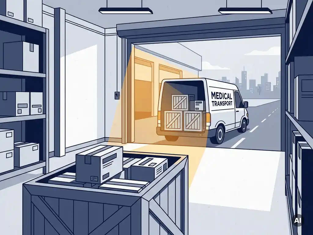 Gelabelde houten krat met medische productdozen in gekoeld magazijn, met bezorgbus bij open laaddock op de achtergrond.