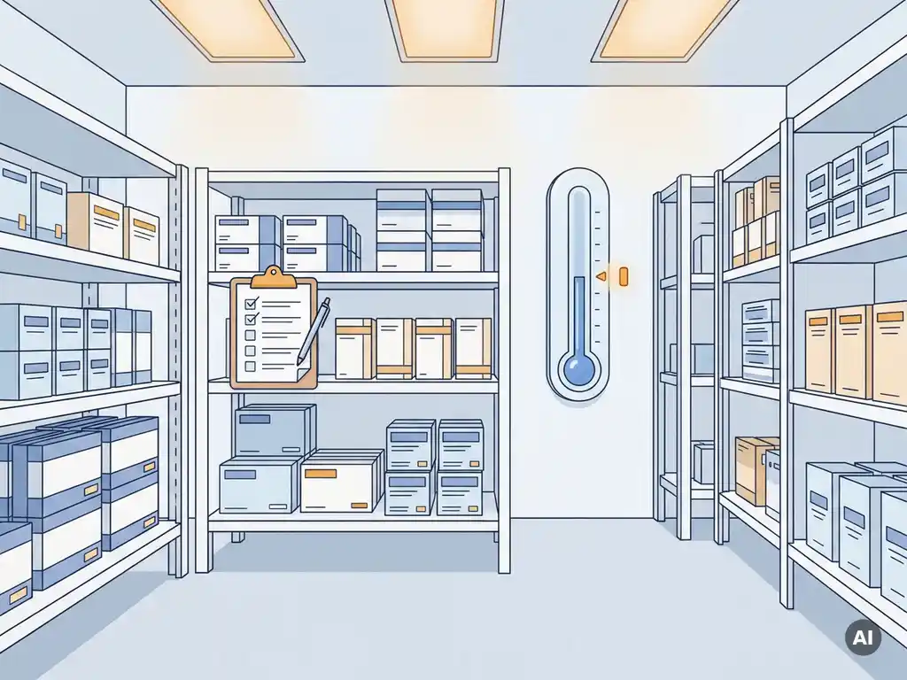 Temperatuurgecontroleerde farmaceutische opslagruimte met georganiseerde medicijndozen op witte schappen en een inspectieklembord.